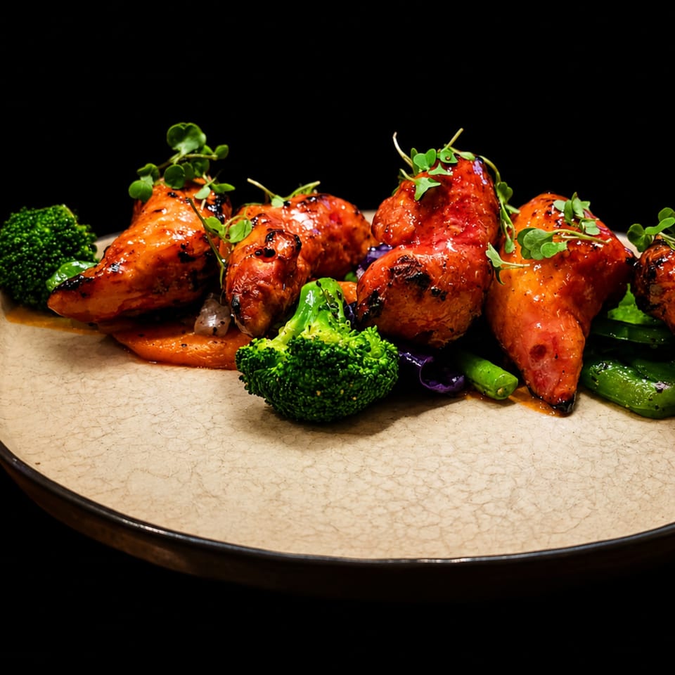 Glazed chicken pieces with broccoli, green beans, and orange puree on a textured plate.